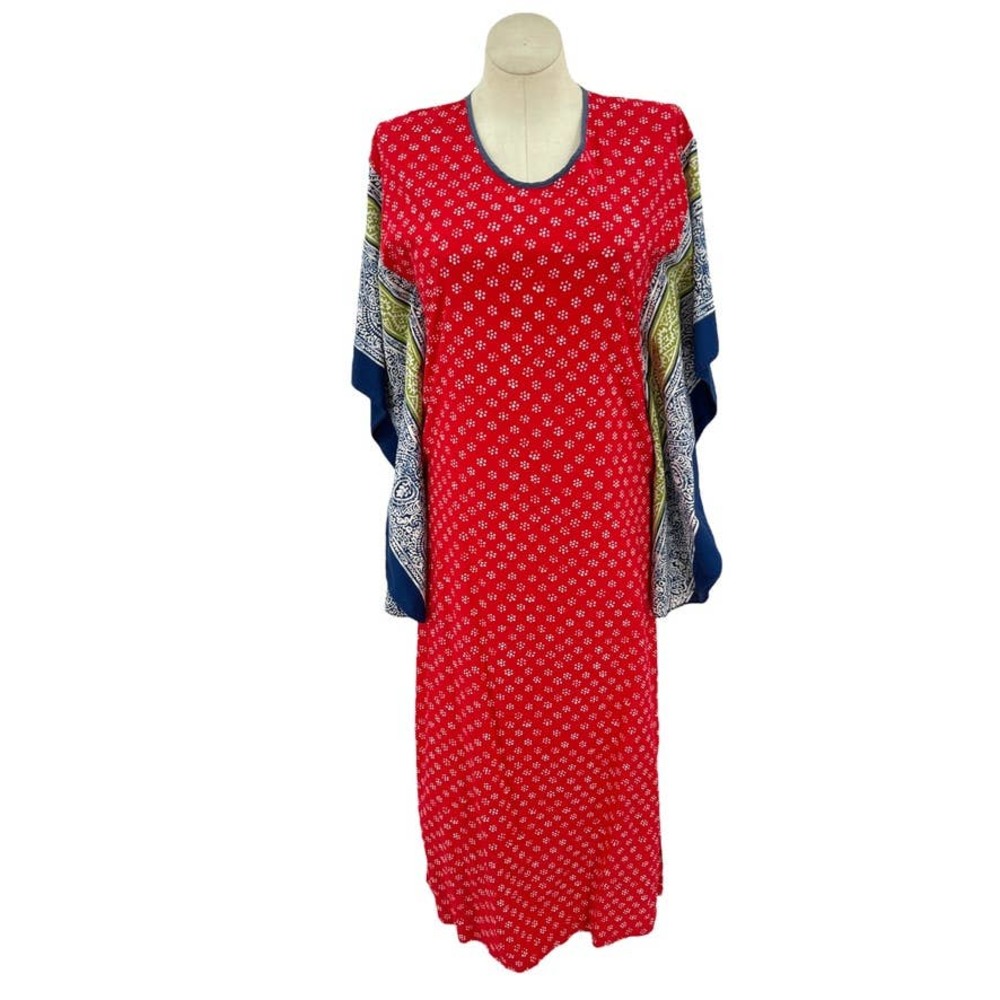 Vintage 70s Cotton Kaftan Bandana Print Paisley Red Green Maxi Beverly Vogue M